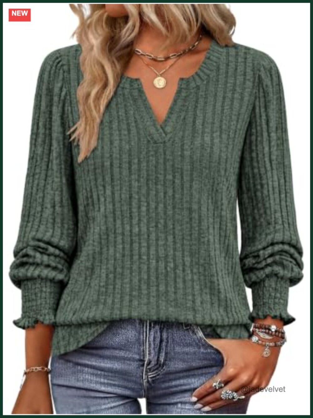 Womens Ribbed Knit Sweater V Neck Long Sleeve Pullover Top